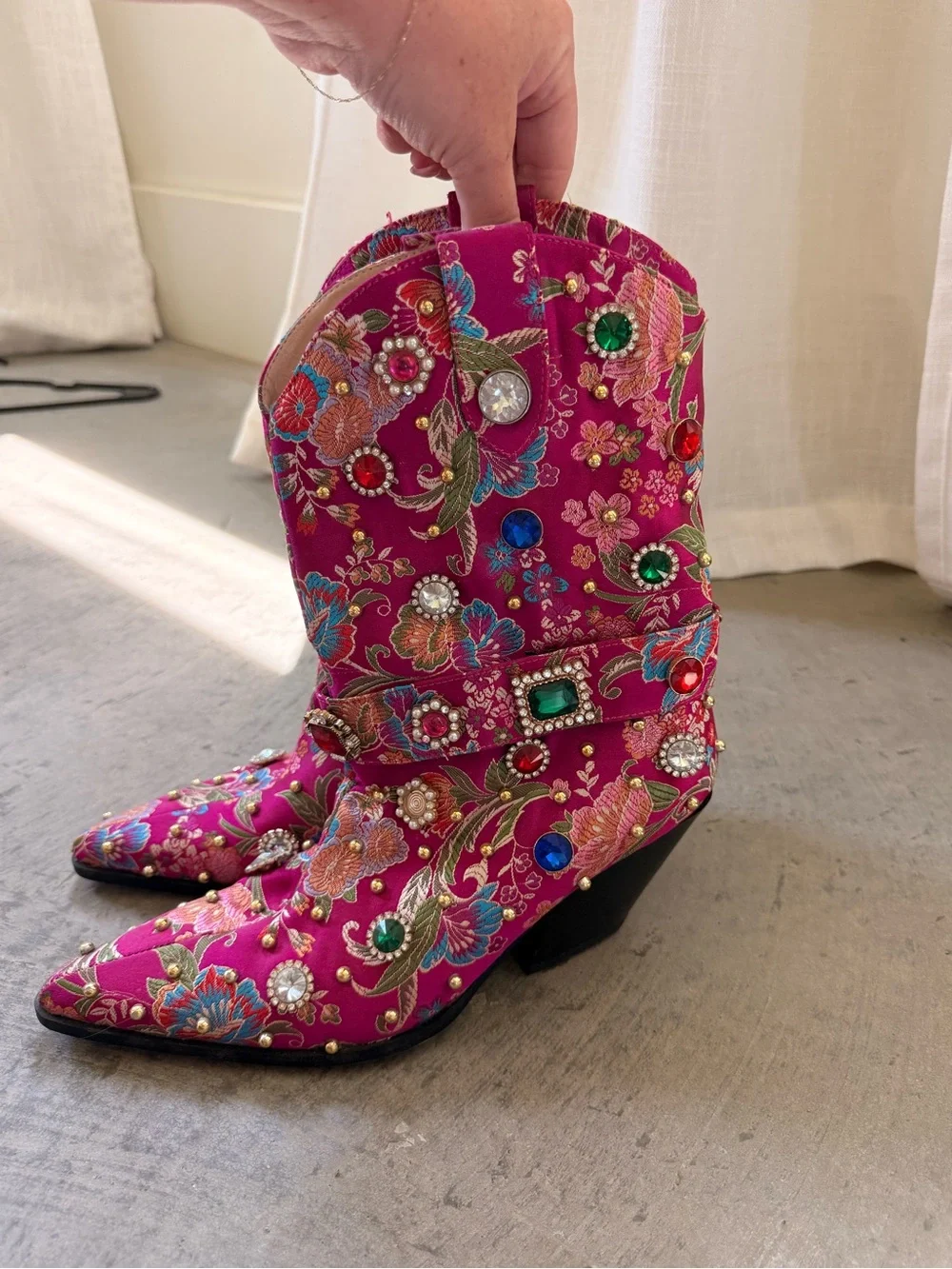 Fuchsia Embroidered Mid-Calf Western Boots with Jewel Accents - Picture 6 of 8